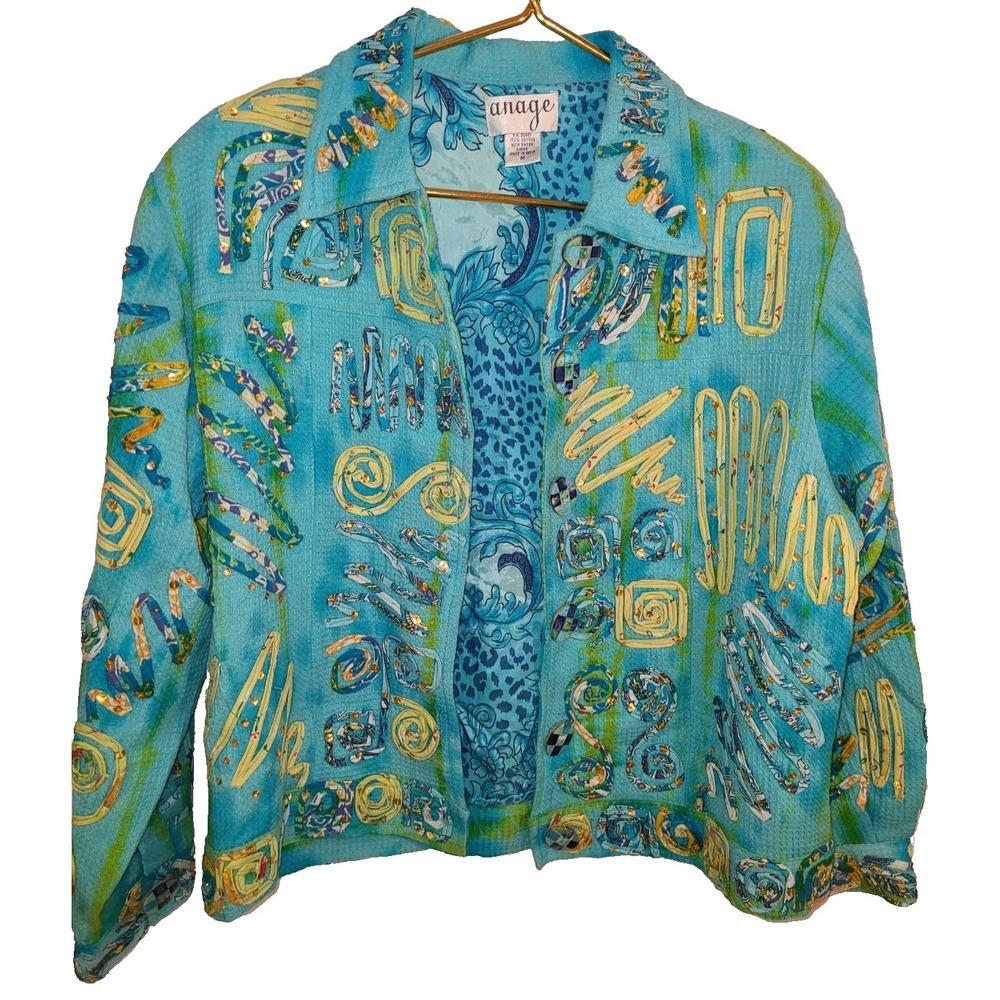 Women's Anage Applique Embroider Beaded Jacket Sz M Turquoise Artsy BOHO Cotton